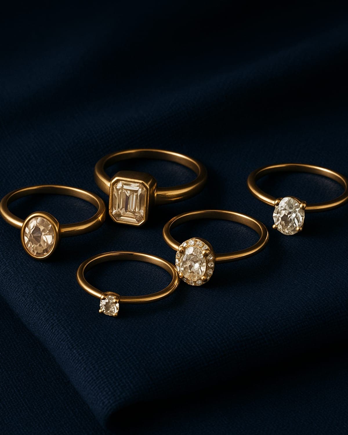 A grouping of five yellow gold engagement rings showing 2026 trends — bezel, vintage band, solitaire, hidden halo and a coloured-accent ring — on navy linen