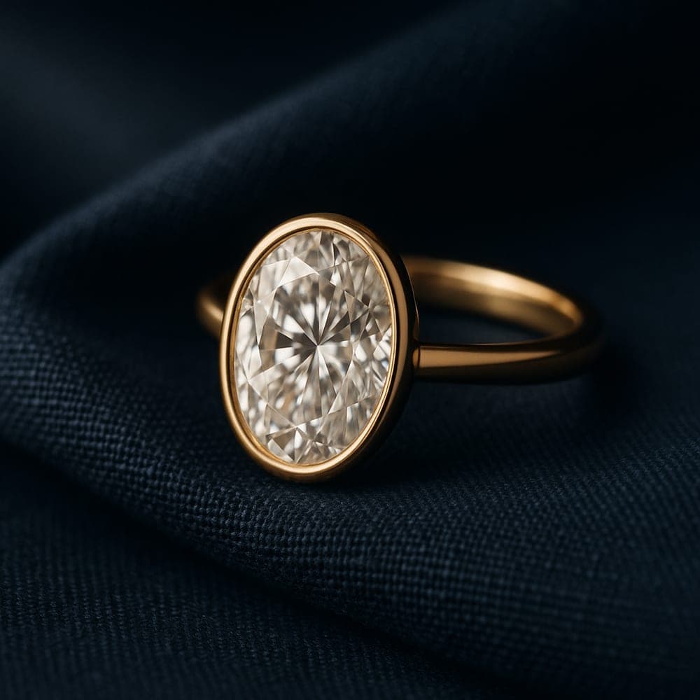 Close-up of a bezel-set oval lab-grown diamond ring in yellow gold