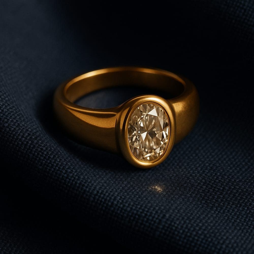 A chunky vintage-inspired yellow gold band with an elongated oval centre stone