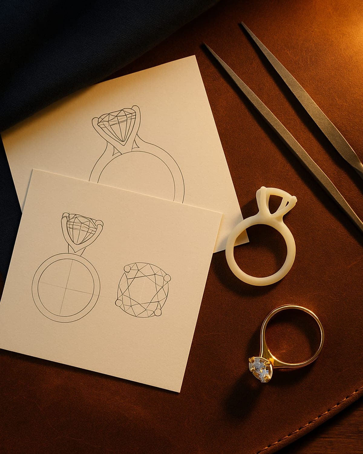 A jeweller's bench flat-lay with CAD render sheets, a wax ring model, fine tools and a finished yellow gold ring