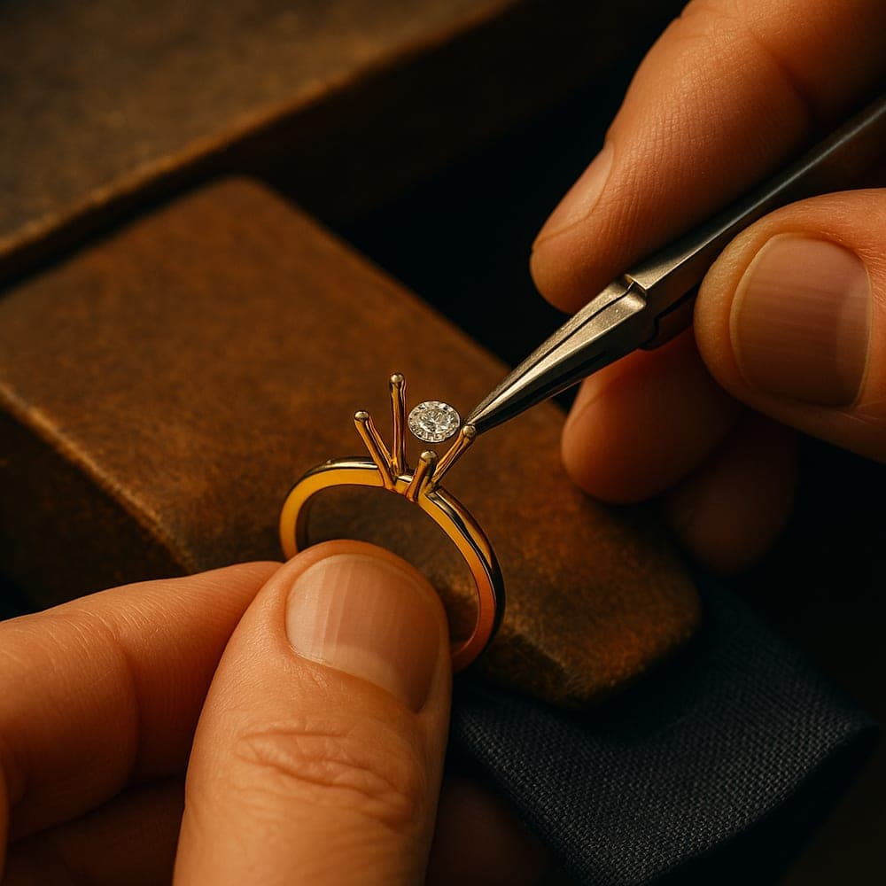 A jeweller's hands setting a small diamond into a yellow gold ring at the workbench