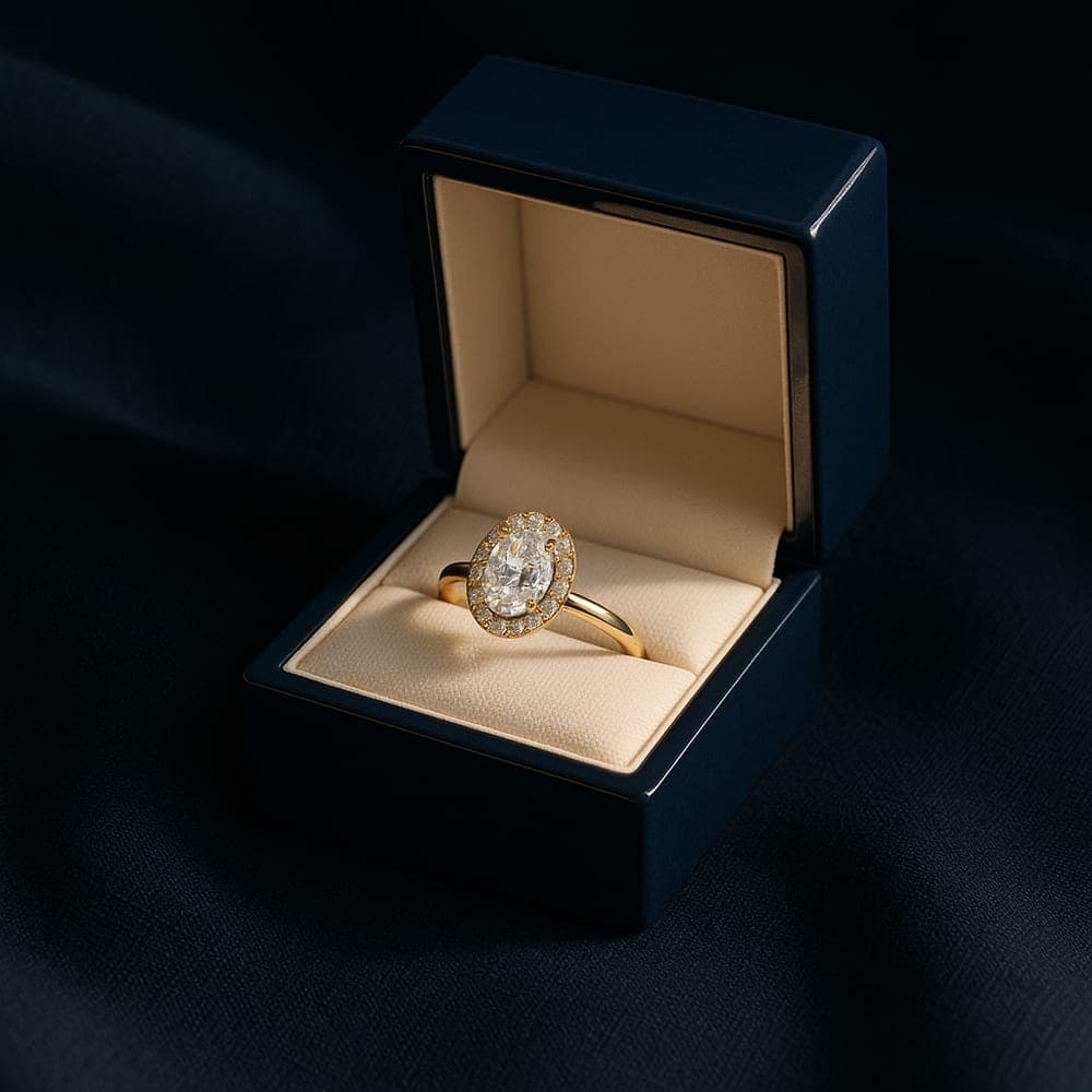 A finished yellow gold oval halo engagement ring in an open navy presentation box