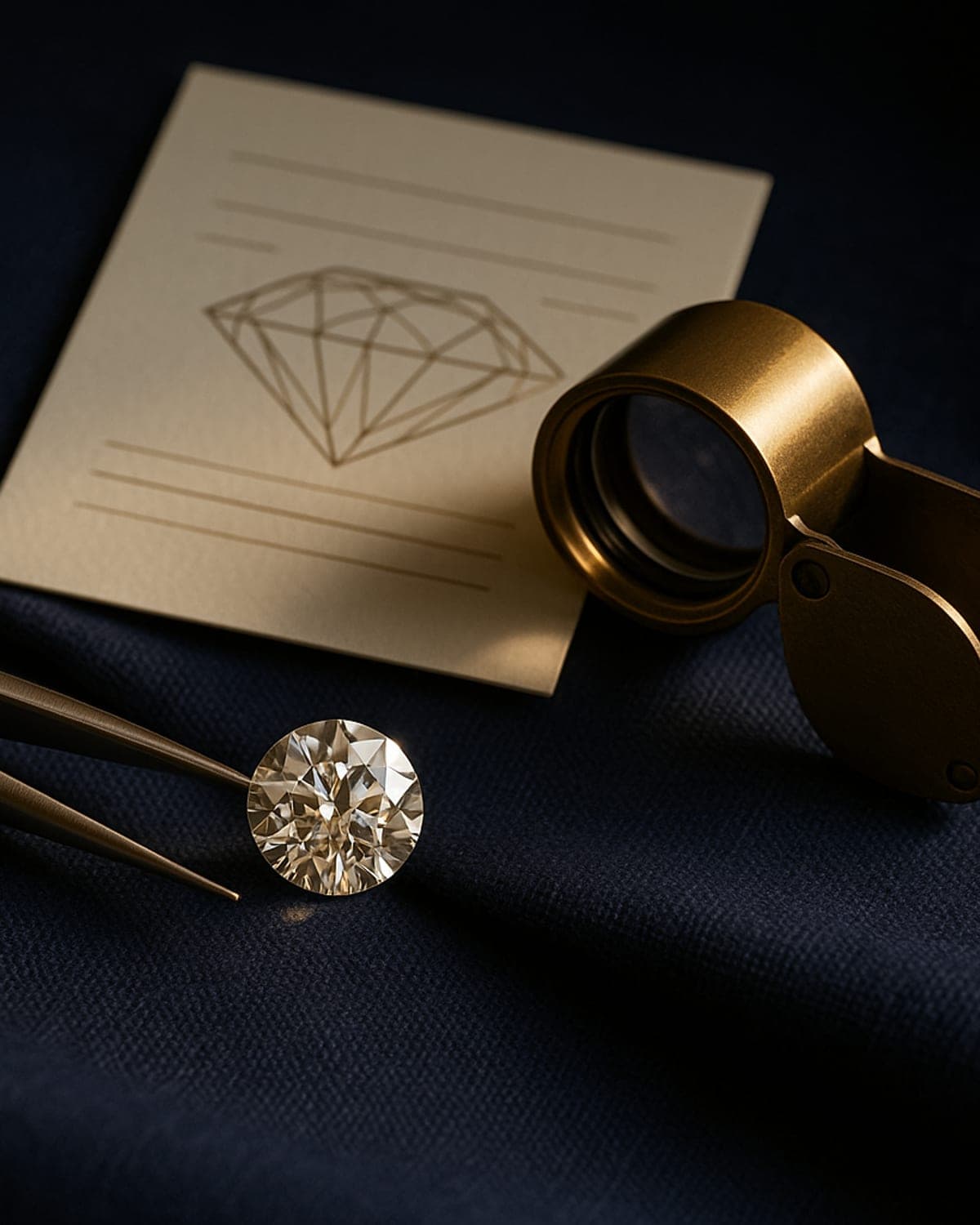 A loose round diamond held in tweezers beside a brass loupe and a diamond grading report card