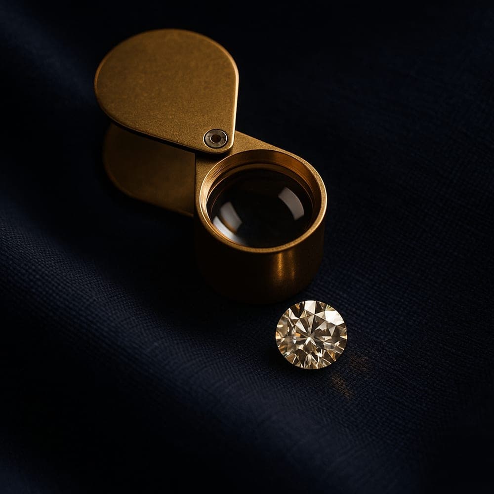 A brass folding loupe resting over a loose diamond