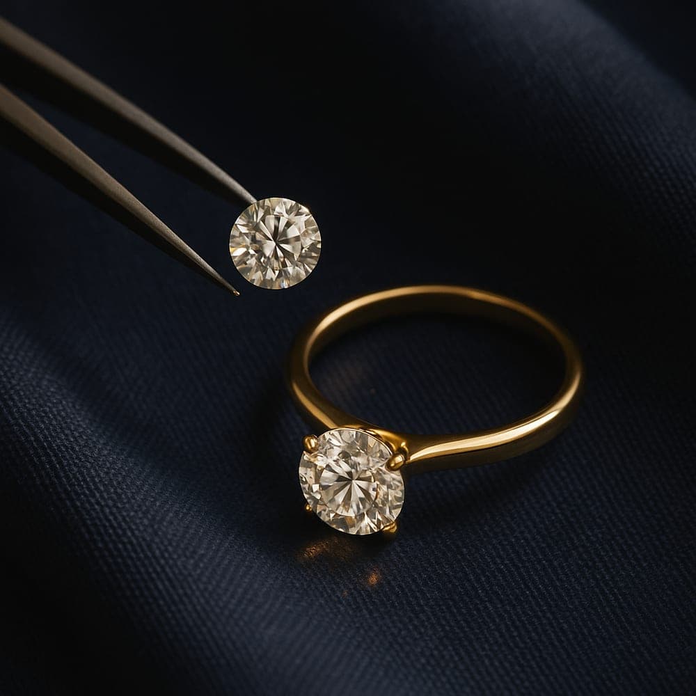 Fine tweezers holding a single round brilliant diamond