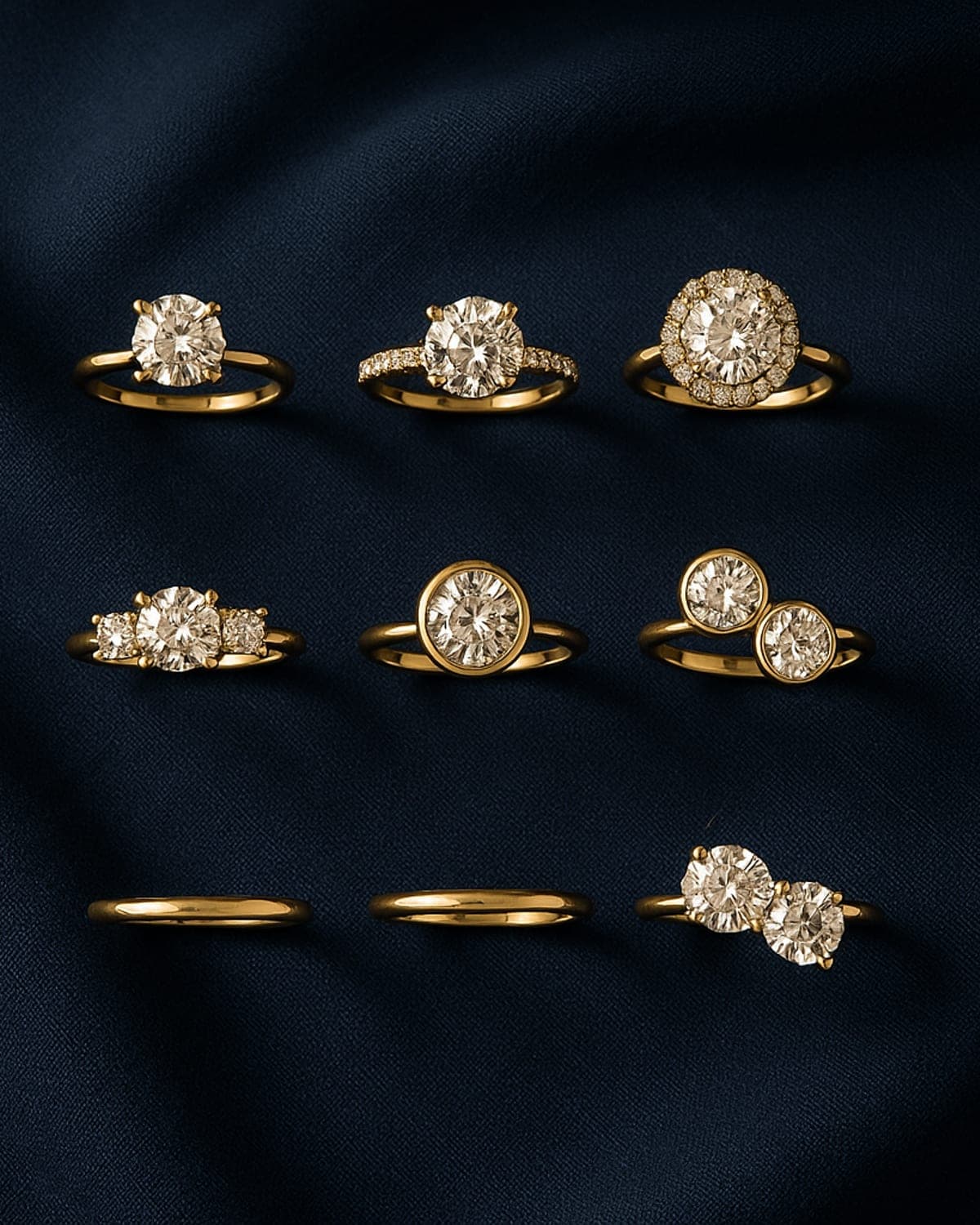 Six yellow gold engagement rings laid out by setting style — solitaire, hidden halo, halo, three-stone, bezel and toi et moi