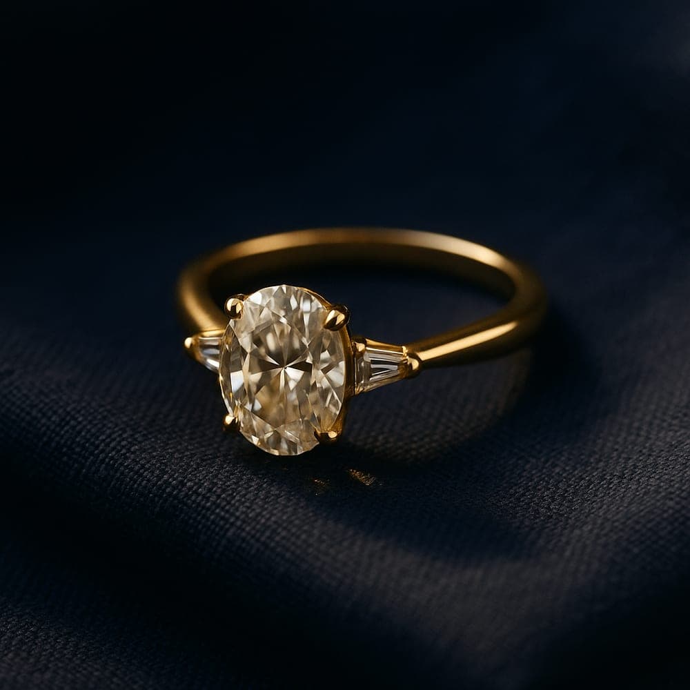 A yellow gold three-stone engagement ring with an oval centre and tapered side stones