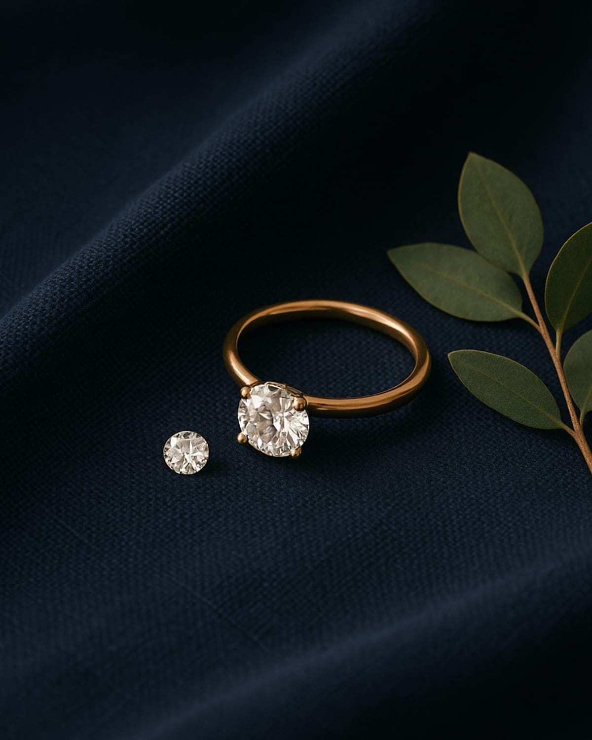 A recycled yellow gold engagement ring beside a eucalyptus sprig and a loose lab-grown diamond on navy linen