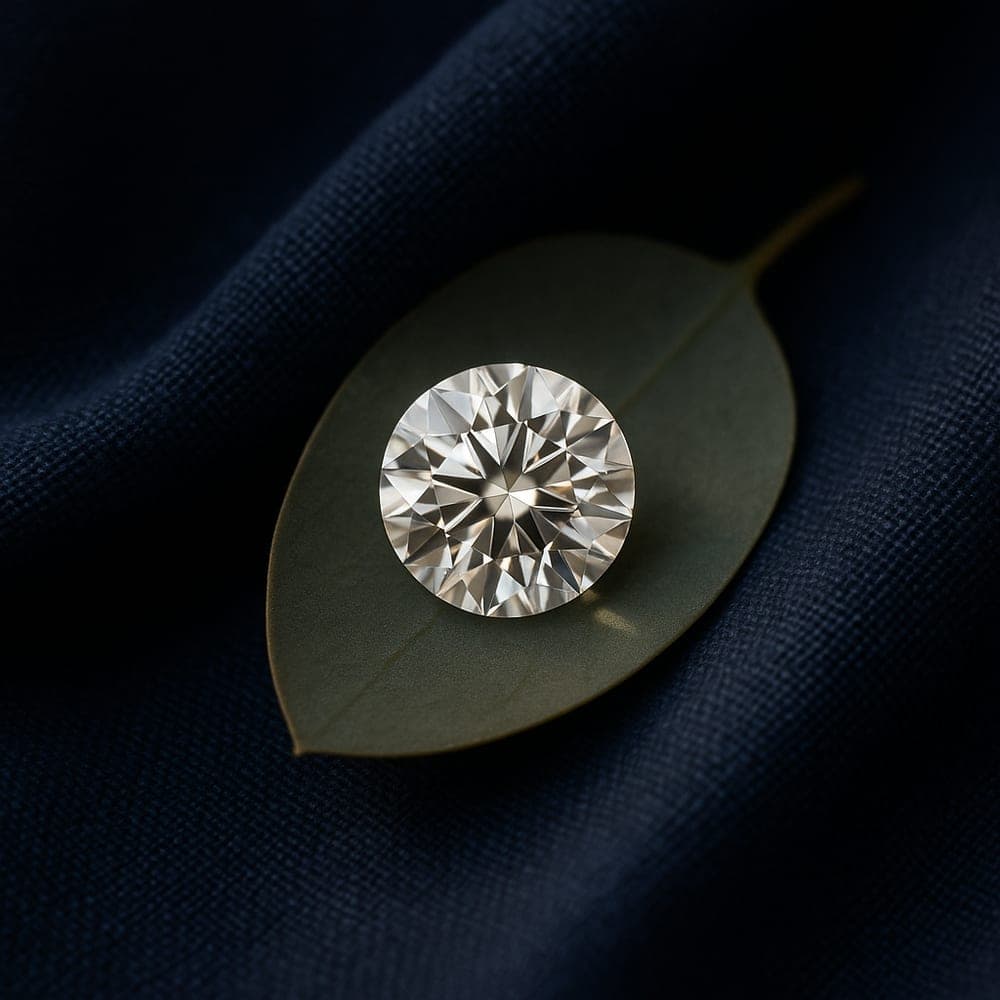 A loose lab-grown diamond resting on a green eucalyptus leaf