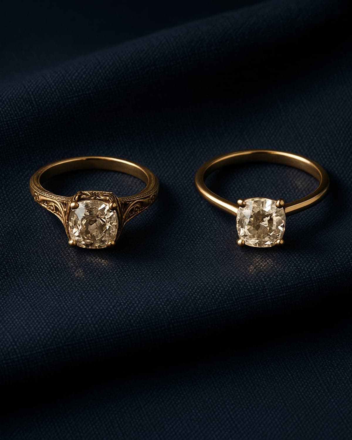 An ornate antique yellow gold ring beside its modern reset as a clean yellow gold solitaire