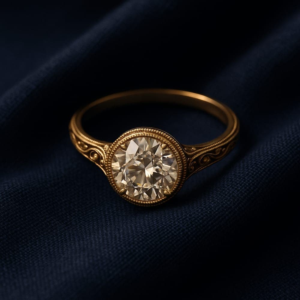 An antique vintage yellow gold engagement ring with milgrain and scrollwork detail