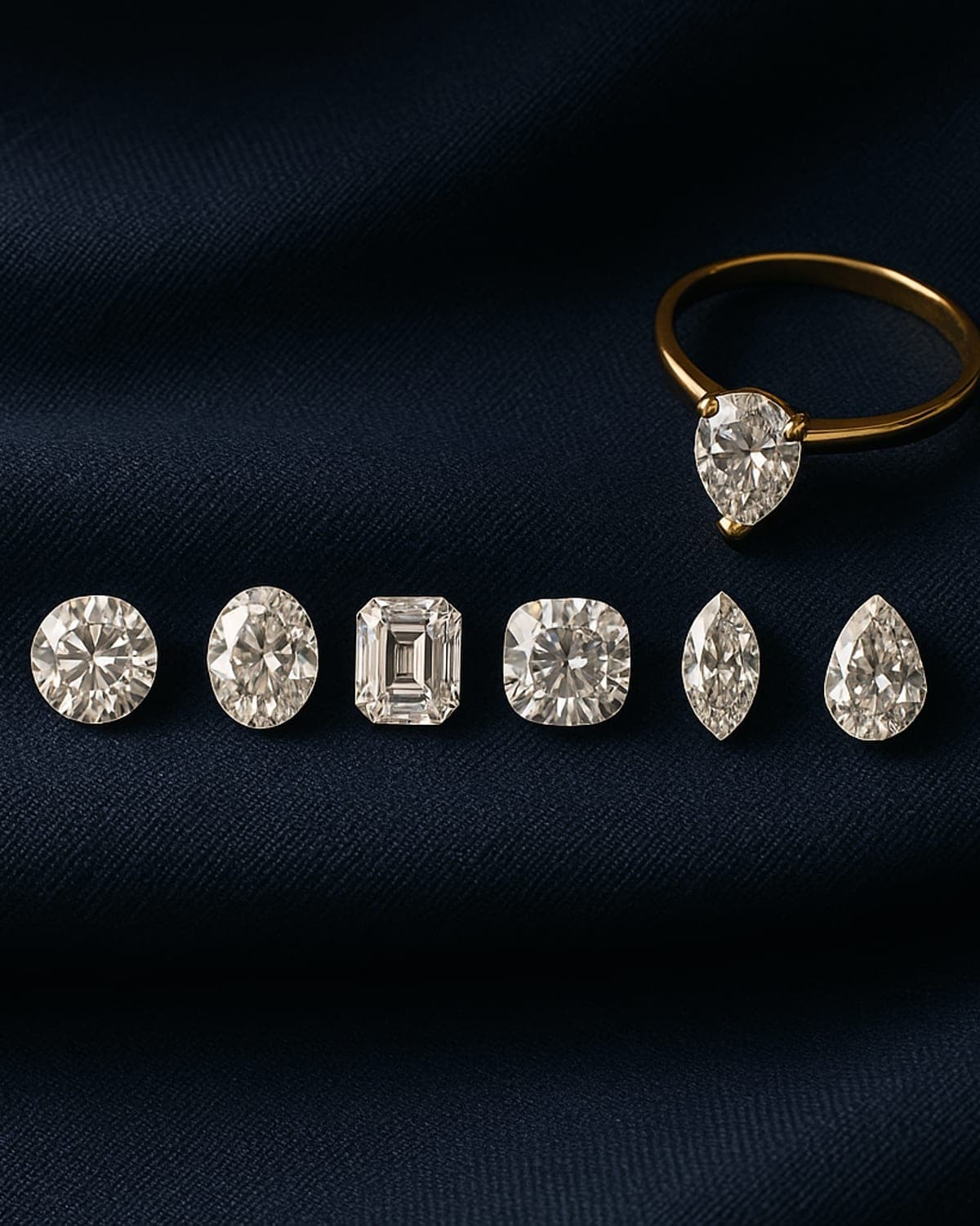 A row of six loose diamonds in round, oval, emerald, cushion, marquise and pear shapes on navy linen