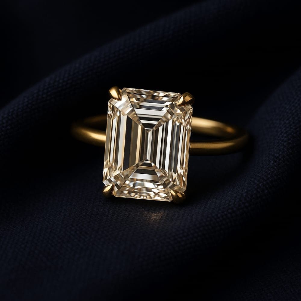 A single emerald-cut diamond showing its step-cut facets
