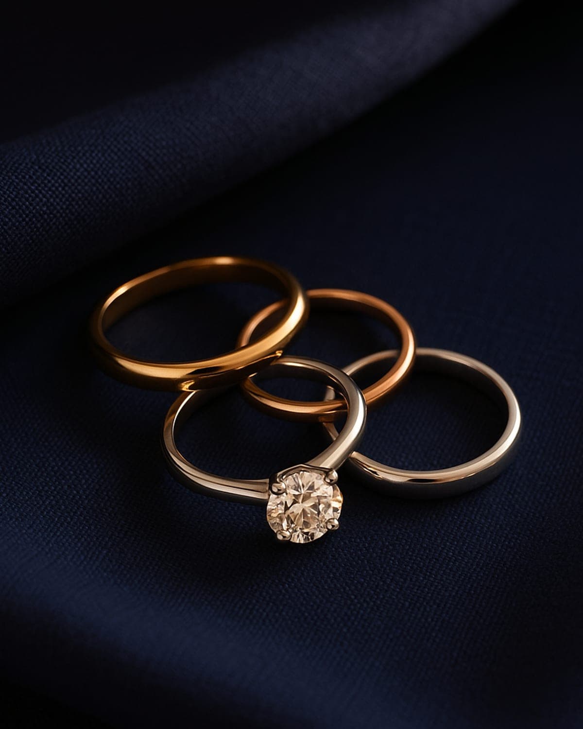 A fan of wedding and engagement bands in yellow gold, rose gold and platinum on navy linen