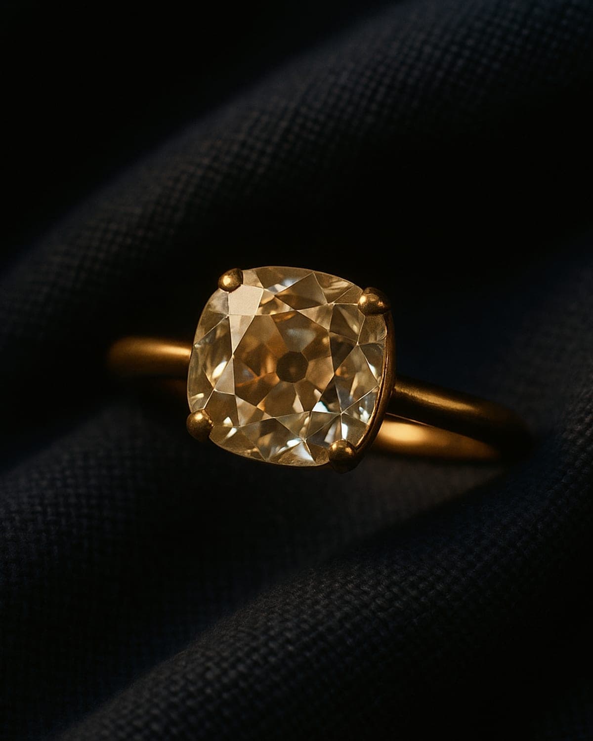 An antique old-mine-cut cushion diamond ring in warm yellow gold glowing under soft light