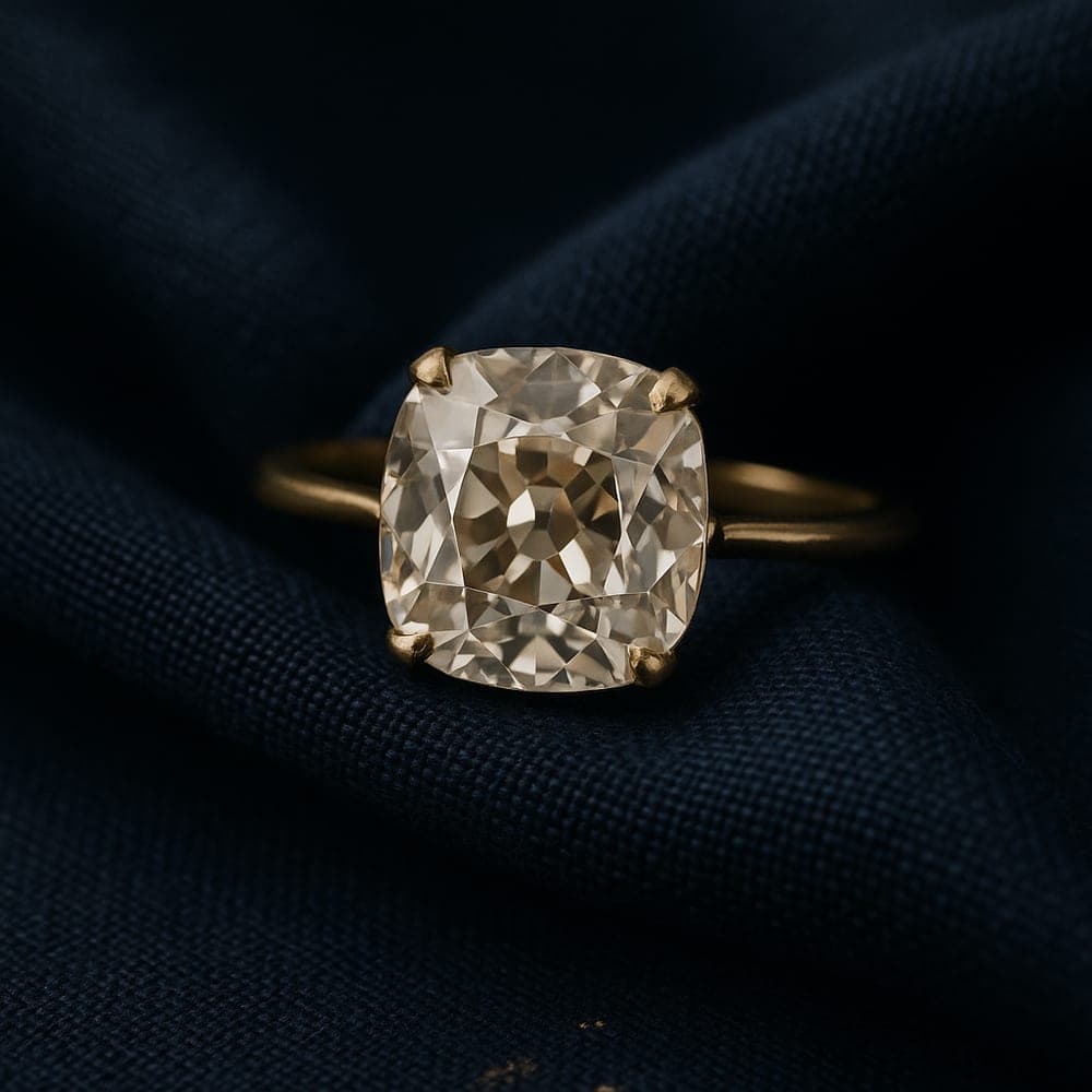 Top-down view of an old-mine-cut cushion diamond showing broad facets and an open culet