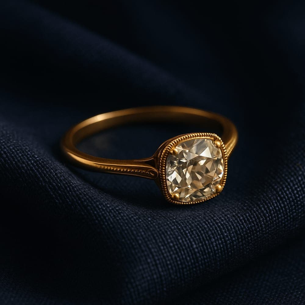 A vintage yellow gold ring with milgrain beading holding an old-cut cushion stone