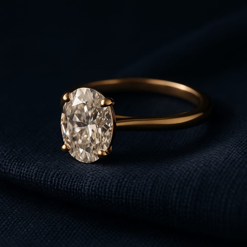 A yellow gold solitaire engagement ring set with a lab-grown oval diamond