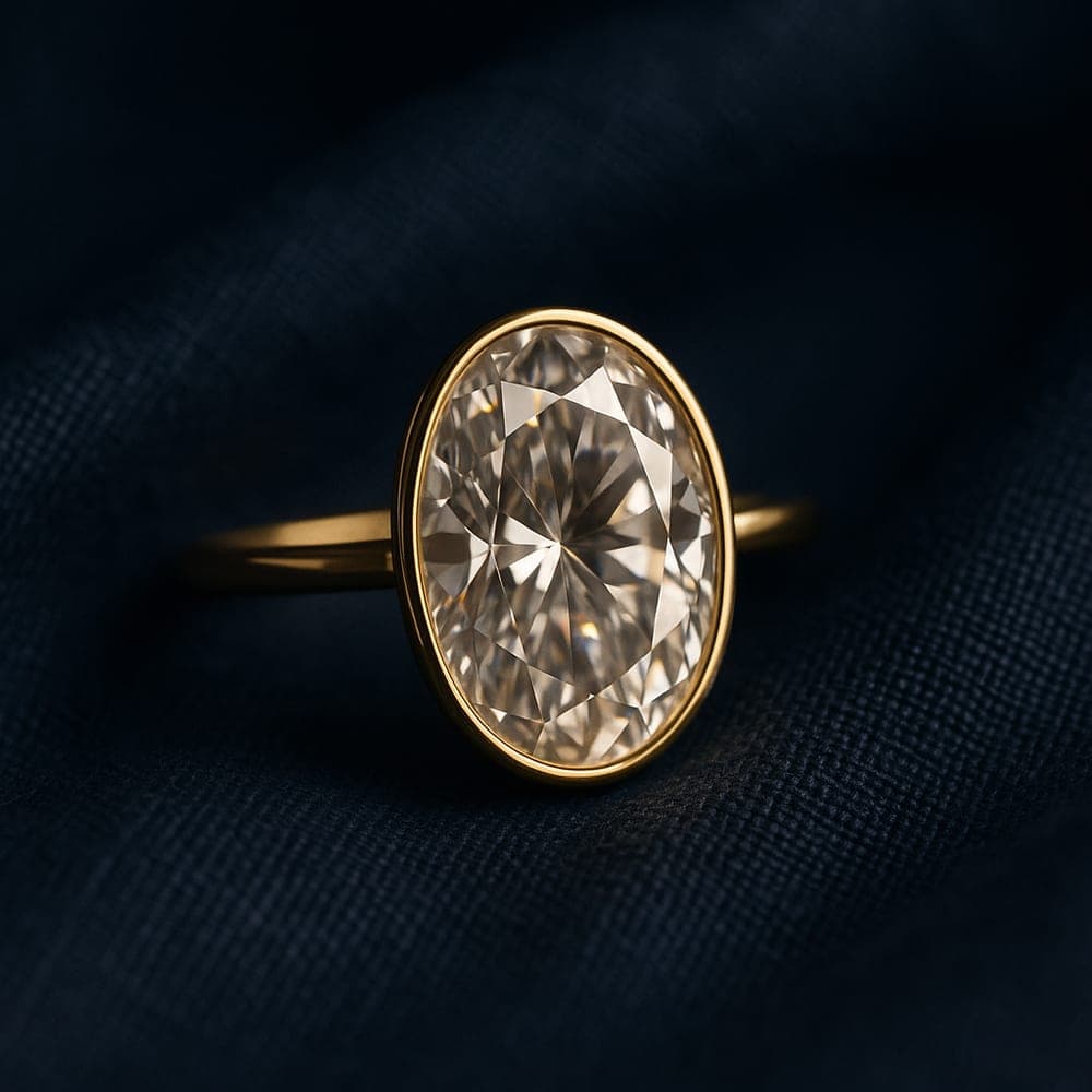 A large oval lab-grown diamond in a slim bezel setting