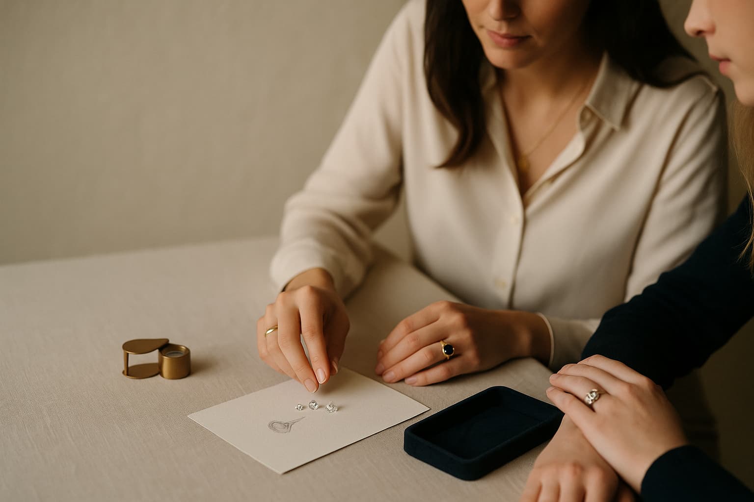 A Savoir-Faire designer and a client reviewing loose diamonds and a hand-drawn ring sketch together at a studio table