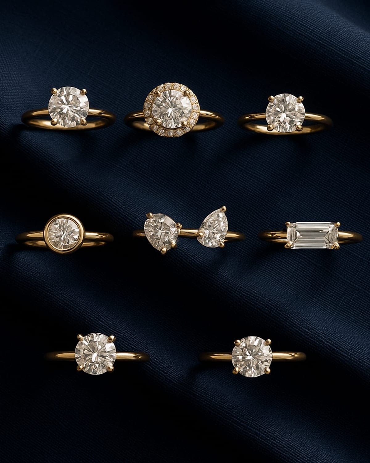 Seven yellow gold engagement rings laid out by setting style — solitaire, halo, hidden halo, bezel, toi et moi, trilogy and east-west