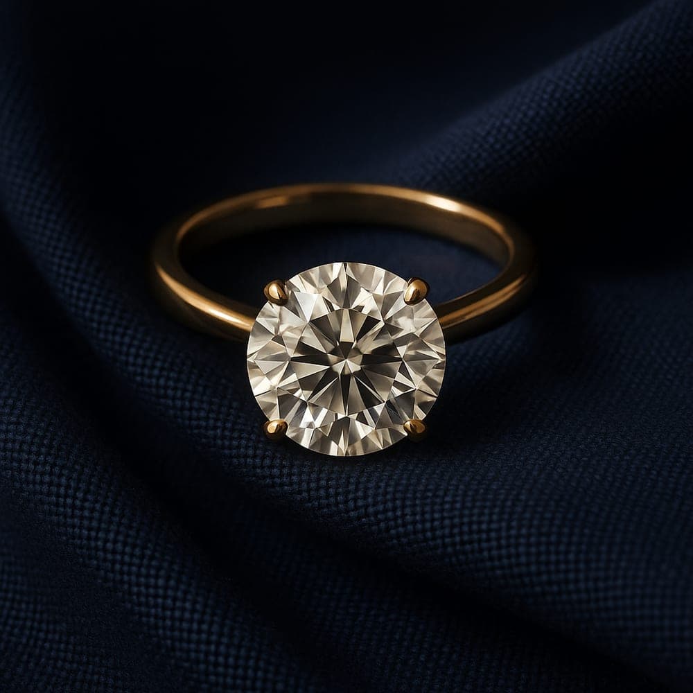 A round brilliant diamond viewed top-down showing crisp symmetrical facets and strong cut contrast