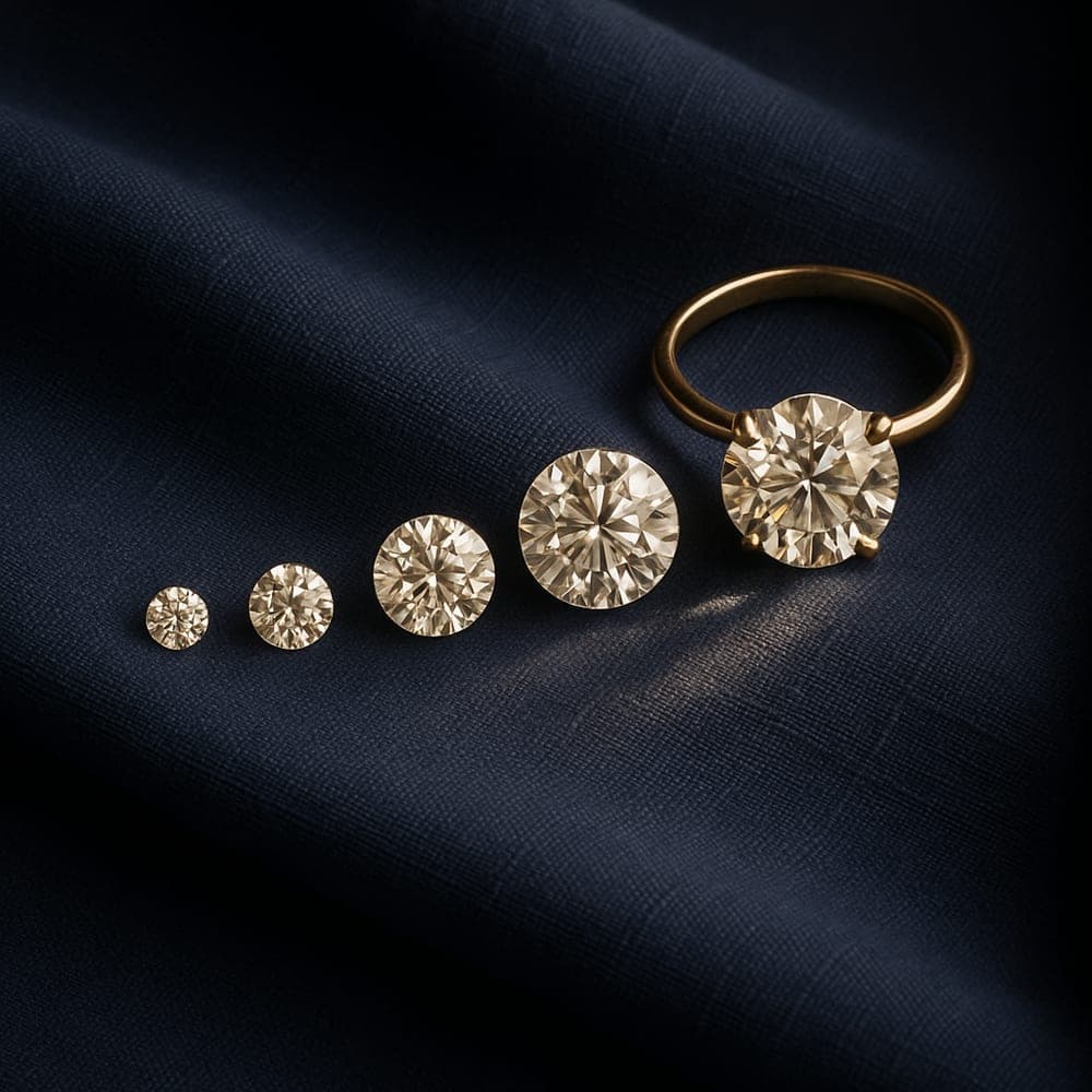 A row of five loose round diamonds in ascending size showing carat-weight progression