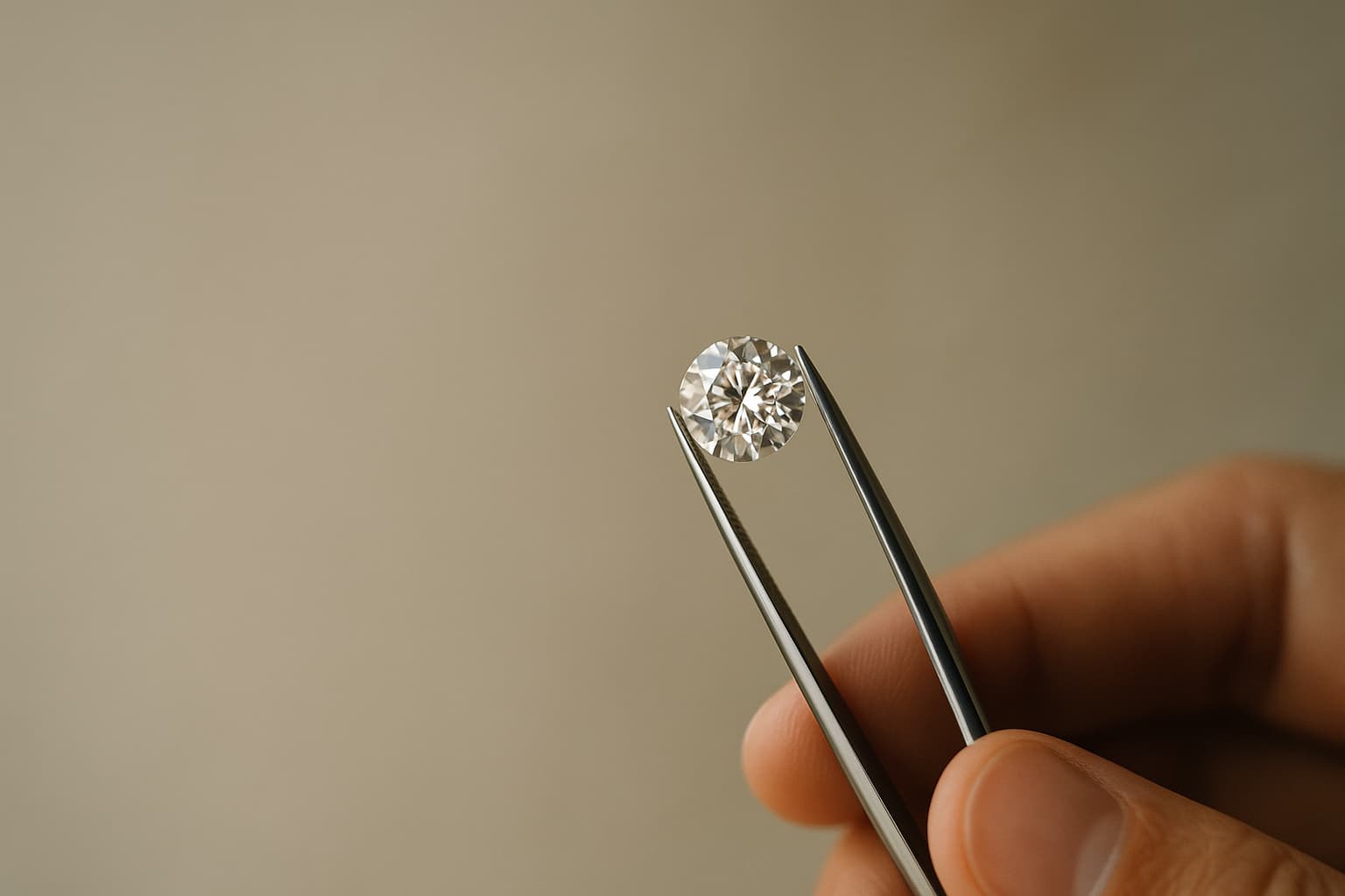 A jeweller holding a loose brilliant-cut diamond in tweezers up to the light