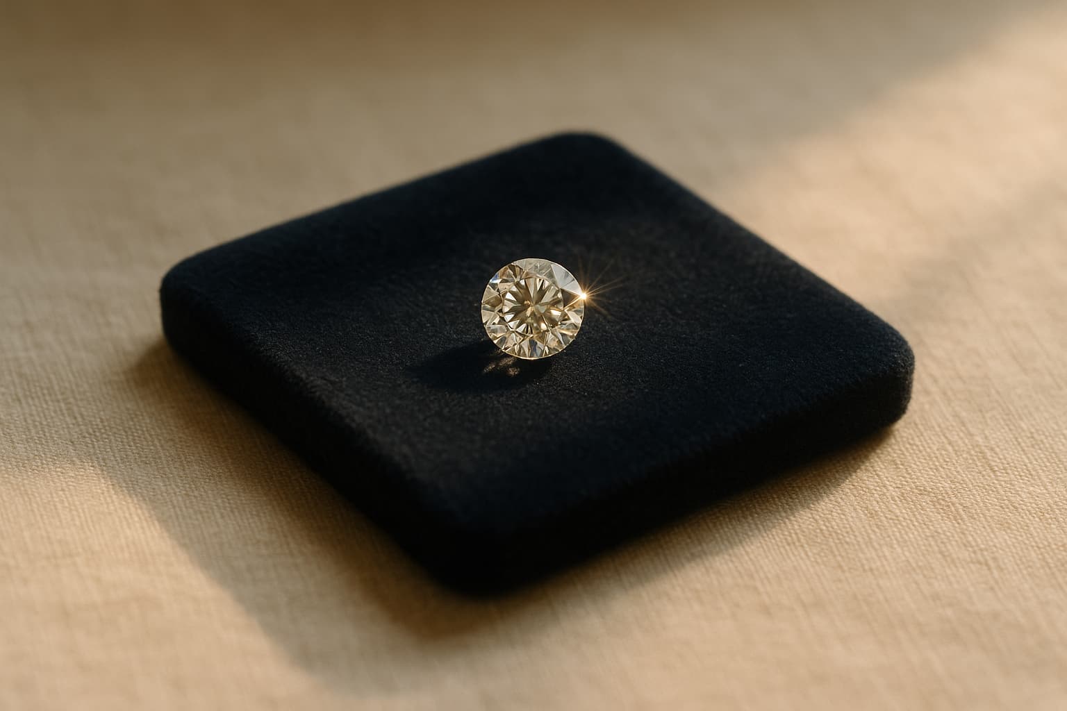 A single loose brilliant-cut diamond presented on a deep-navy velvet pad