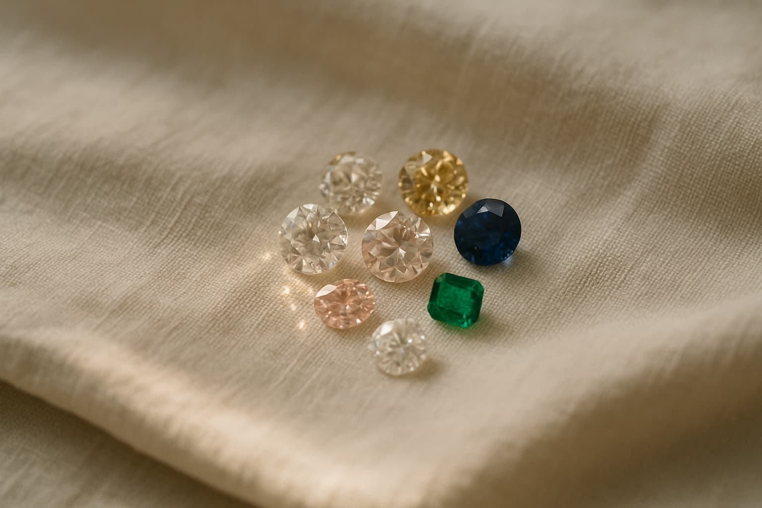 A curated selection of white, pink and yellow diamonds with a blue sapphire and a green emerald on linen